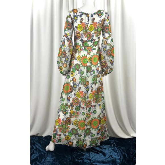 Vintage 1960’s Floral Printed Chiffon Maxi Dress - Peasant Sleeve Gown - Small - Picture 9 of 10
